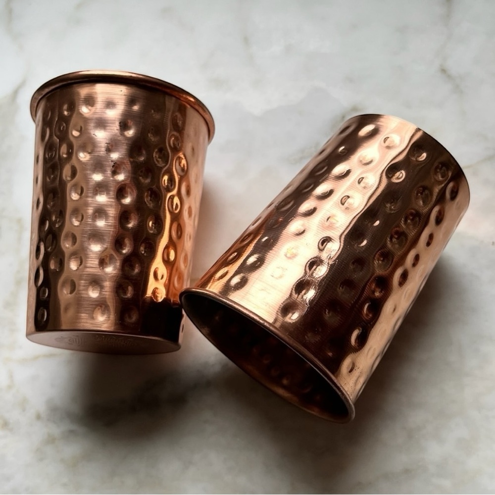 Set of Two Pure Copper Water Cups Pebble Finish with Natural Cotton Carry Bags